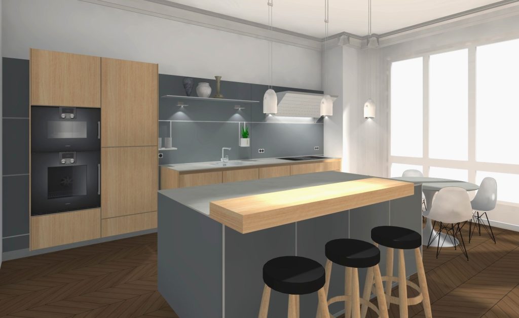 Vue 3D d'un projet de cuisine bulthaup, étude d'implantation